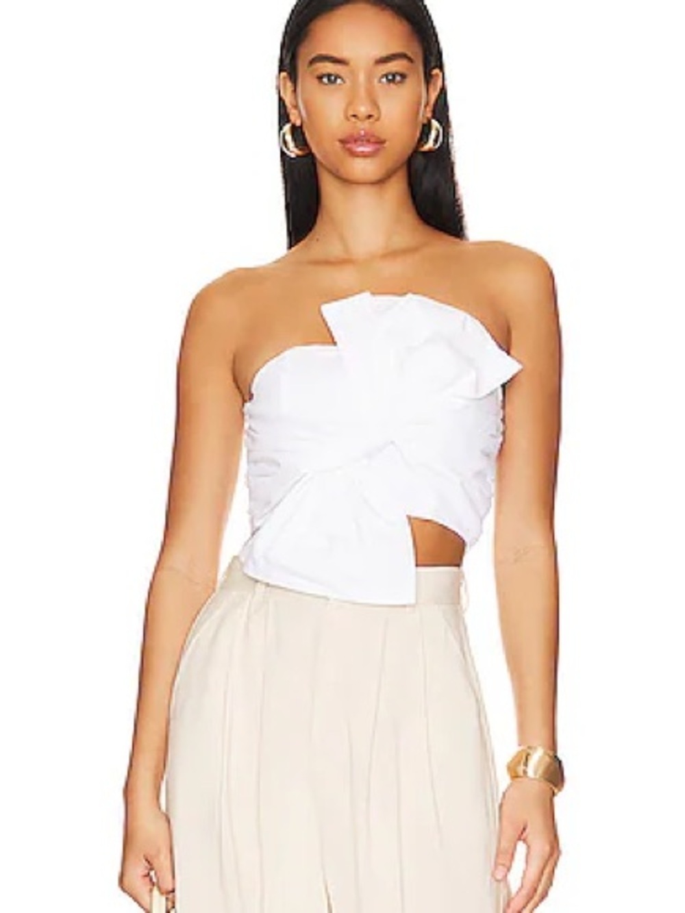 MILLY Bree Linen Bow Strapless White Bow-Front Crop Top